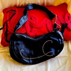 Barbara Black Leather Crystal Logo Bag NeverUsed